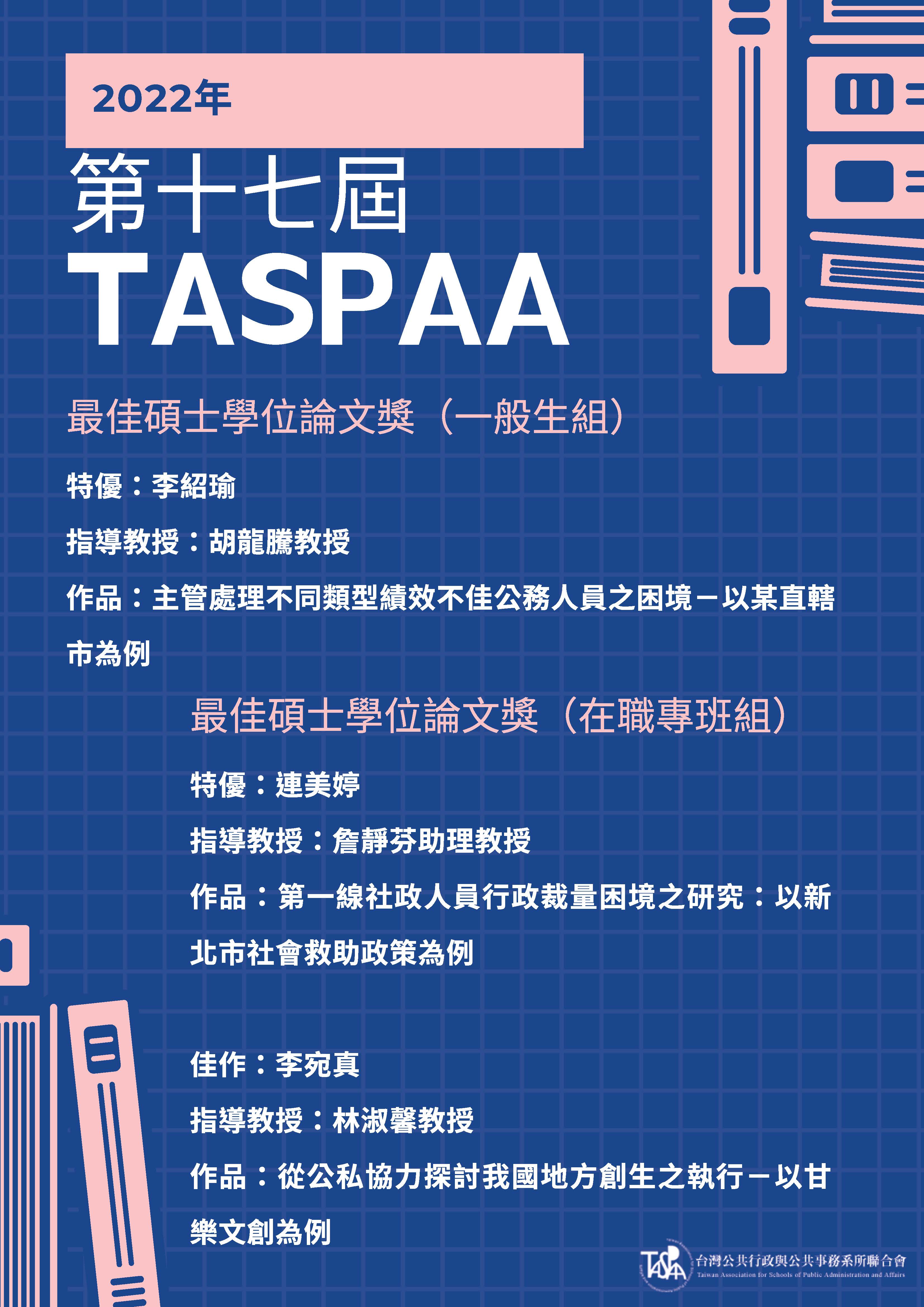 2022年第17屆TASPAA最佳碩士學位論文獎得獎海報