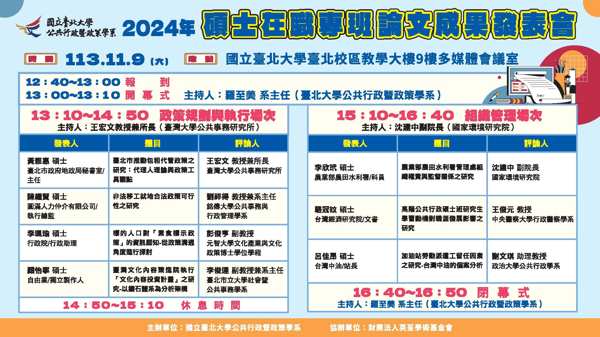 2024年碩士在職專班暨碩士班論文成果發表會議程表